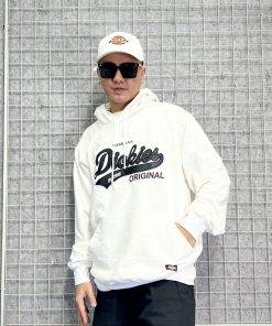 Áo khoác hoodie Dickies màu trắng logo chữ da thêu chạy viền chính hãng - áo khoác nỉ